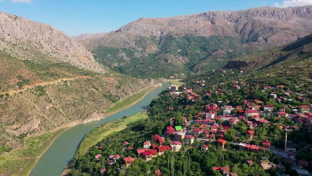 Valley view of Kemaliye town. View of the old Kemaliye houses and the Euphrates River. Erzincan
