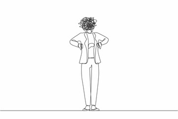 Single continuous line drawing businesswoman with round scribbles instead of head. Confused female manager standing and showing thumbs down sign. Disagreement, dislike. One line graphic design vector
