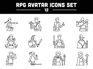 Male And Female Rpg Avatar Cartoon Set In Black Outline.