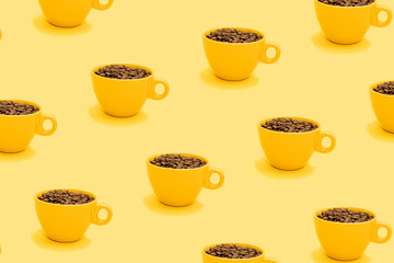 Seamless pattern made of full cup of coffee beans on bright yellow background. Yellow mug filled...
