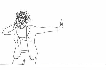Continuous one line drawing businesswoman with round scribbles instead of head. Woman stop gesture, female manager covering eyes with hand, sad, fear, expression. Single line design vector graphic