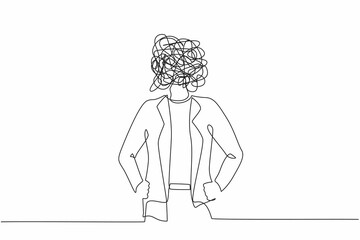 Single one line drawing businesswoman with round scribbles instead of head. Female executive manager in blazer standing and holding hand on hip. Continuous line draw design graphic vector illustration