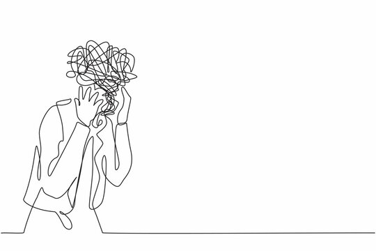 Single one line drawing businesswoman with round scribbles instead of head. Distressed worker hand on head gesture have overwork. Woman suffer headache, workload. Continuous line design graphic vector