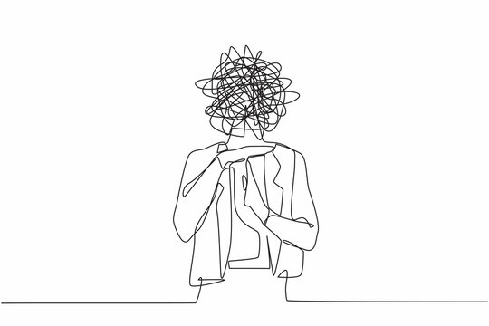 Single continuous line drawing businesswoman with round scribbles instead of head. Stop working, time break gesture, timeout signal. Pause. Nonverbal communication. One line draw graphic design vector
