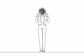 Single continuous line drawing businesswoman with round scribbles instead of head. Confused female manager standing and showing thumbs up positive gesture with hand. One line graphic design vector