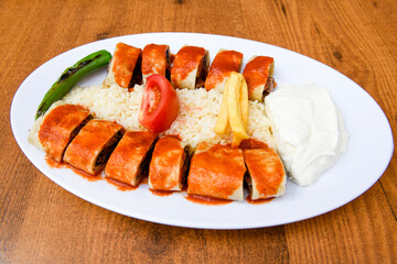 Delicious turkish kebab tantuni .Mersin et tavuk ekmek arasi tantuni,  yogurtlu tantuni durum.