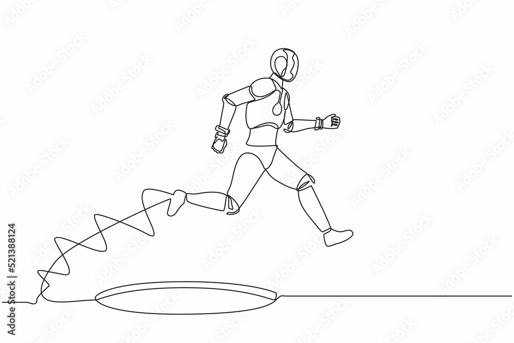 Poster continuous one line drawing robot jumping through the hole, metaphor to facing big problem. humanoid