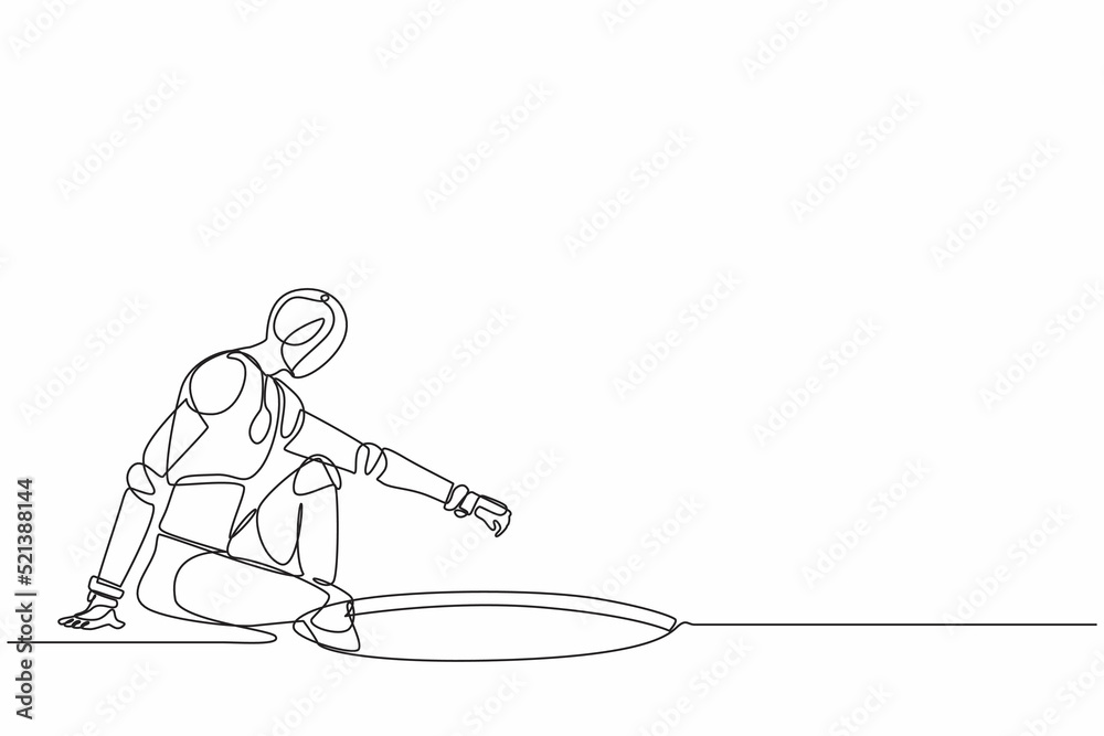 Poster single one line drawing robot descends into the hole. future technology development. artificial inte
