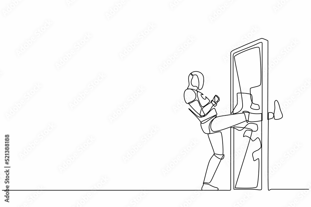 Poster single one line drawing robot kicking locked door and destroy. future technology development. artifi