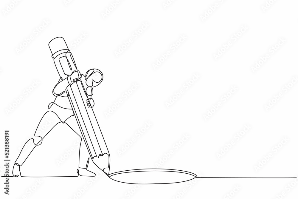 Poster continuous one line drawing robot making circle of holes with large pencil. humanoid robot cyberneti