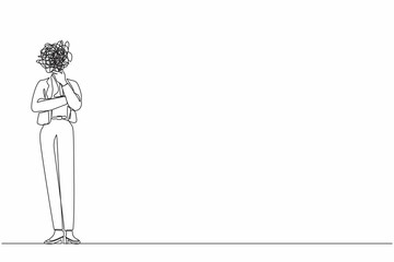 Single continuous line drawing businesswoman with round scribbles instead of head. Female manager standing in thoughtful pose holding her chin thinking and finding answer. One line draw design vector