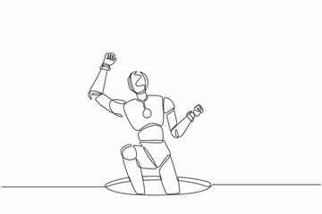 Single continuous line drawing robot fell into manhole underground sewer. Robotics artificial intelligence technology. Electronic technology industry. One line draw graphic design vector illustration