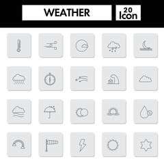 Set Of Black Outline Weather Symbol Or Icons Over Grey Square Background.