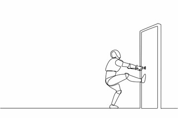 Single one line drawing robot pulling closed door knob with power. Future technology. Artificial intelligence and machine learning process. Continuous line draw design graphic vector illustration