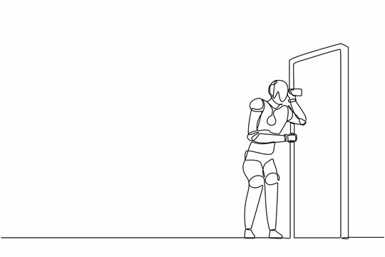 recommend clip art: Single continuous line drawing robot eavesdropping and listening to conversation at door. Robotic artificial intelligence. Electronic technology industry. One line graphic design vector illustration