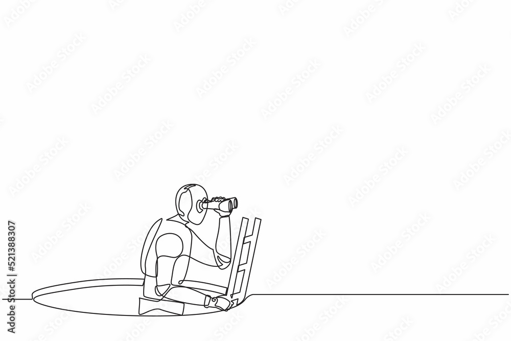 Poster single continuous line drawing robot climbs out of the hole by ladder and using binocular. robotics 