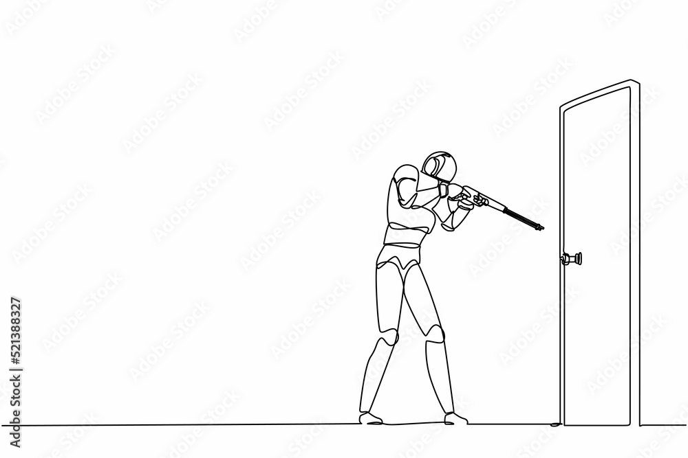 Poster single one line drawing robot pointing shotgun at doorknob. future technology development. artificia