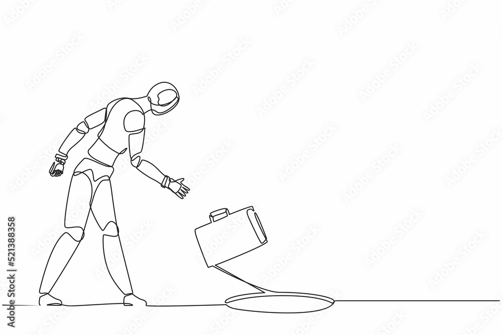 Poster single one line drawing robot throws briefcase into hole. future technology development. artificial 