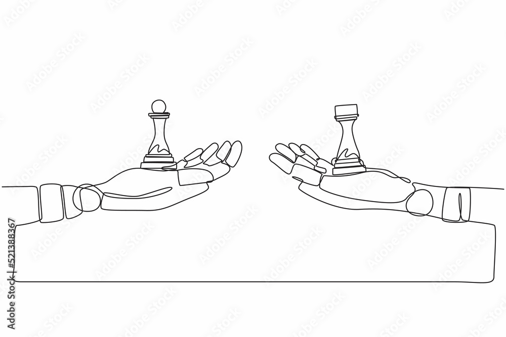 Poster single continuous line drawing robots hands with pawn and rook chess pieces. modern robotics artific