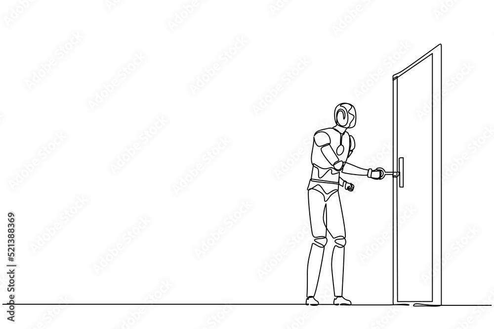 Poster continuous one line drawing robots stands and inserts the key into the keyhole. humanoid robot cyber
