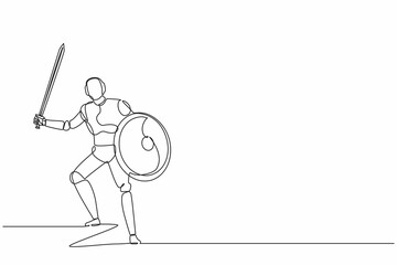 Single one line drawing robot with sword and shield furiously attacks. Future technology development. Artificial intelligence and machine learning process. Continuous line draw design graphic vector