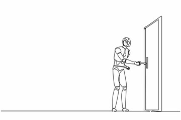 Continuous one line drawing robots stands and inserts the key into the keyhole. Humanoid robot cybernetic organism. Future robotics development concept. Single line design vector graphic illustration