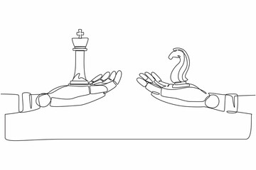 Single continuous line drawing robots hands with king and horse chess pieces. Modern robotics artificial intelligence technology. Electronic technology industry. One line draw graphic design vector