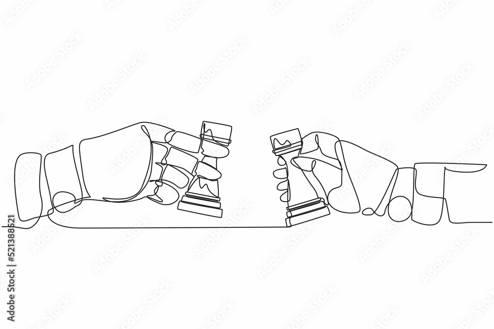 Poster single one line drawing robot hands holding rook chess piece and the other hand too. future technolo