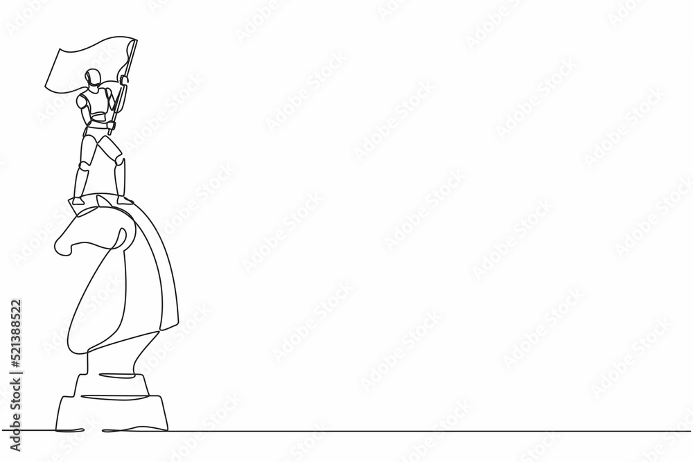 Poster continuous one line drawing robots riding big chess horse knight and holding flag. humanoid robot cy