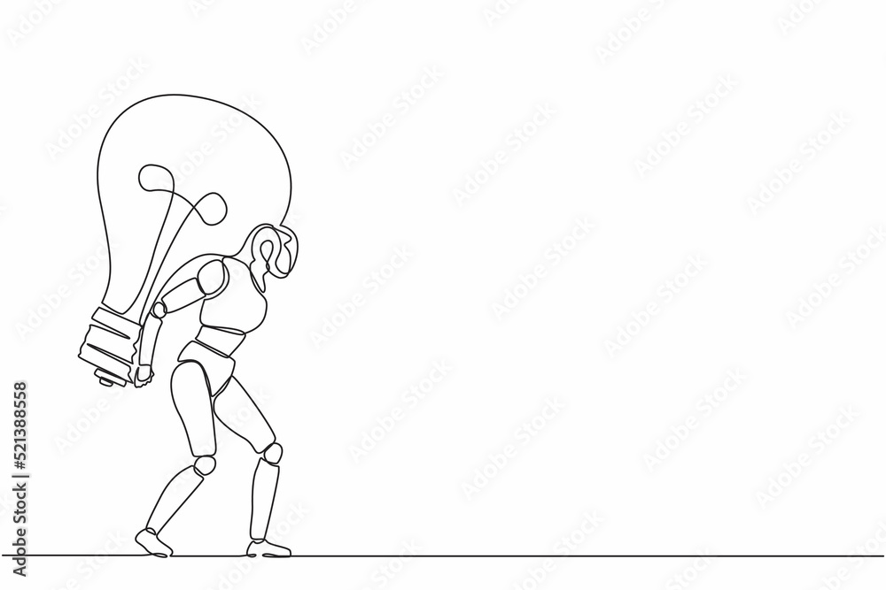 Poster single continuous line drawing robot carrying heavy big lightbulb. future technology development. ar
