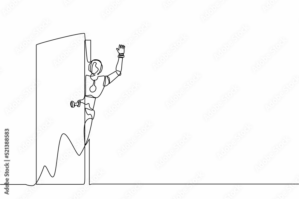 Poster single continuous line drawing robots peeking of door and wave hands. modern robotics artificial int