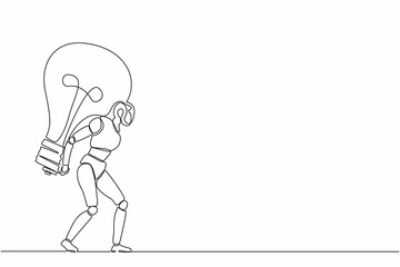 Single continuous line drawing robot carrying heavy big lightbulb. Future technology development. Artificial intelligence and machine learning process. One line draw graphic design vector illustration