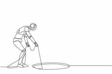 Fototapeta na wymiar Continuous one line drawing robot stretch out rope into hole. Wondering, looking at hole. Humanoid robot cybernetic organism. Future robotic development. Single line draw design vector illustration