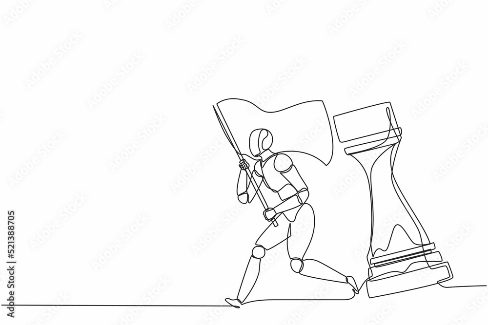 Poster continuous one line drawing robots running and holding flag beside big rook chess piece. humanoid ro