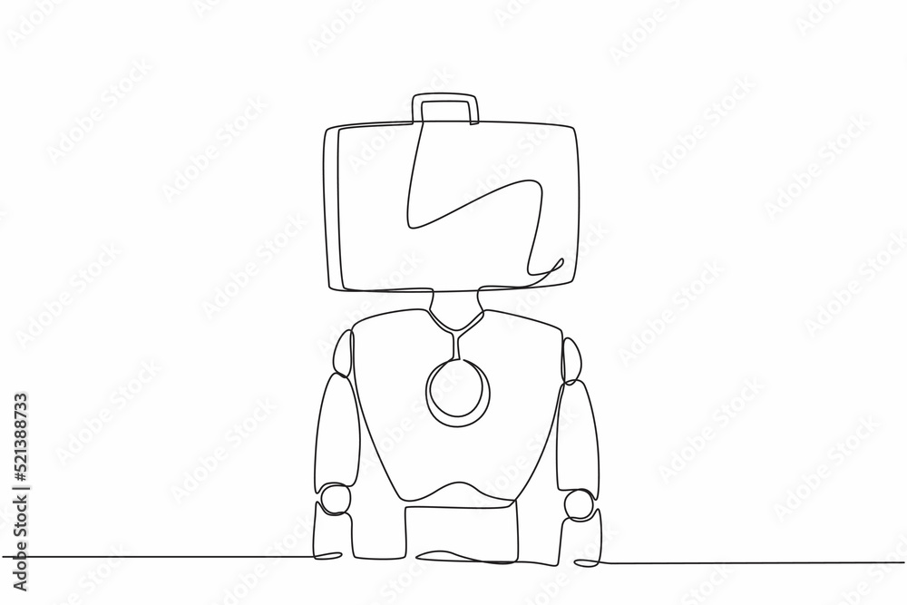 Poster continuous one line drawing robot with briefcase instead of head. future technology development. art