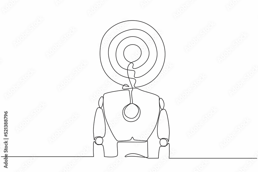 Poster single one line drawing robot with target instead of head. future technology development. artificial