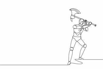Single continuous line drawing robot standing and swinging big axe. Modern robotics artificial intelligence technology. Electronic technology industry. One line draw graphic design vector illustration