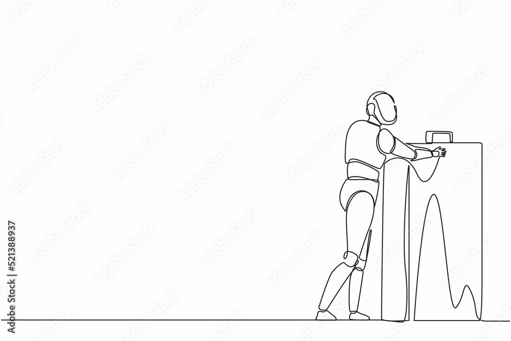 Poster single continuous line drawing robots standing and hugging huge briefcase. humanoid robot cybernetic