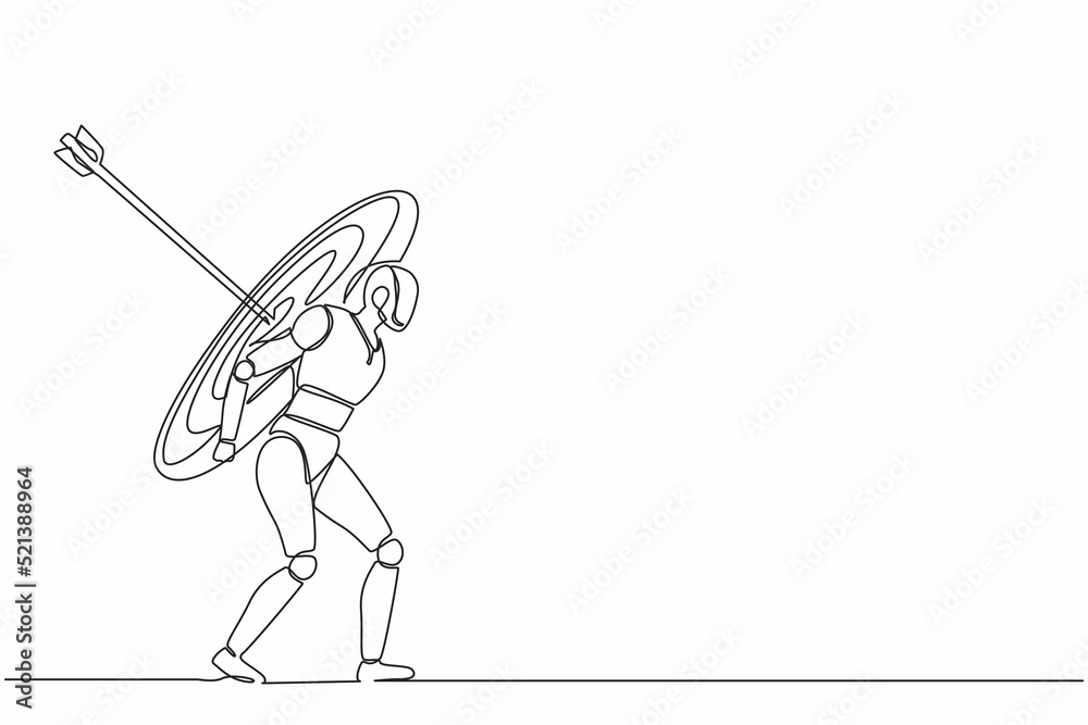 Poster continuous one line drawing robots carrying heavy huge target with exact arrow. humanoid robot cyber