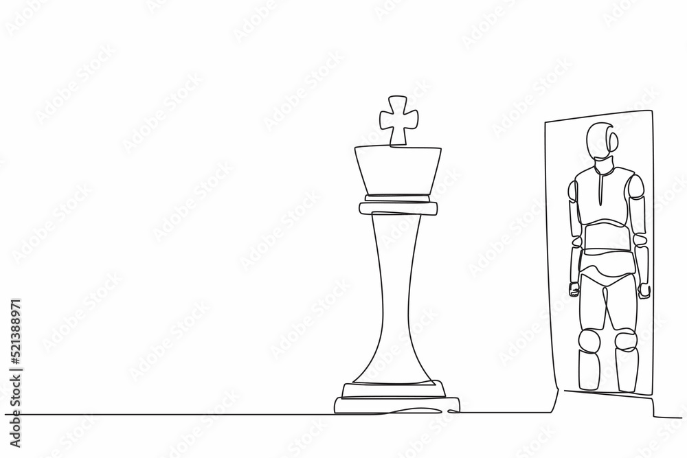 Poster single continuous line drawing robots standing in front of mirror, reflecting chess king. modern rob
