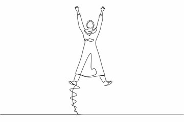 Single one line drawing happy Arabian businesswoman jumping with spread her arms and legs. Office worker celebrate success of company project. Continuous line draw design graphic vector illustration