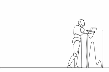 Single continuous line drawing robots standing and hugging huge briefcase. Humanoid robot cybernetic organism. Future robotics development concept. One line draw graphic design vector illustration