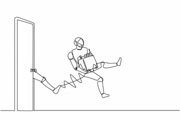 Continuous one line drawing robots get kicked out of door. Dismissed from job. Humanoid robot cybernetic organism. Future robotics development concept. Single line graphic design vector illustration