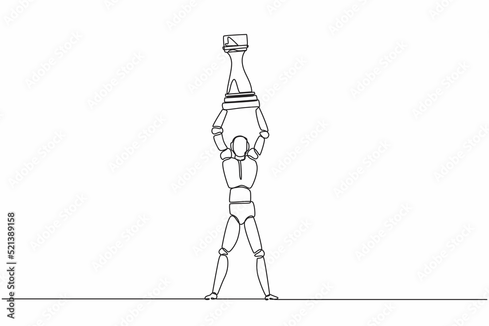 Poster continuous one line drawing robot standing and lifting up rook chess piece. humanoid robot cyberneti