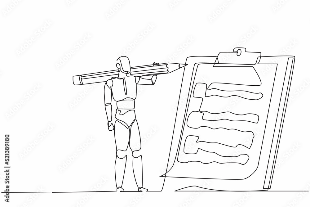 Poster single continuous line drawing robot carrying big pencil and looking clipboard. future technology de