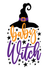 Baby Witch - First Halloween design. Witch hat and stars. Good for baby clothes, greeting card, poster, label, and other decoration.