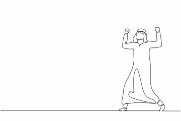 Continuous one line drawing happy Arab businessman standing with raised his clenched hands. Male manager celebrating success of increasing company product sales. Single line draw design vector graphic
