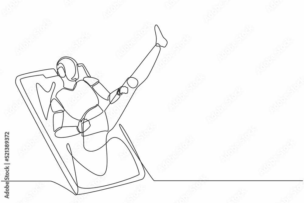 Poster single continuous line drawing robots come out from cellular phone with kicking pose. modern robotic