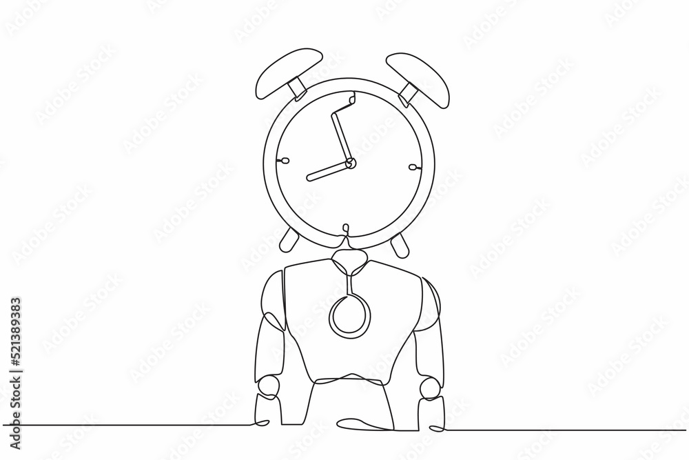Poster continuous one line drawing robot with alarm clock instead of head. future technology development. a