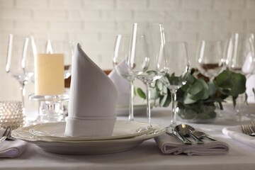 Stylish elegant table setting in restaurant. Space for text